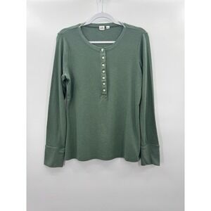 Gap Womens Large Top Sage Waffle Knit Thermal Henley Cozy Layers Preppy Classic